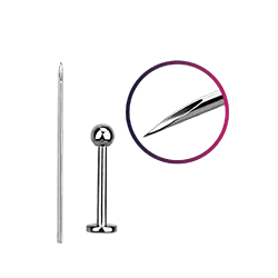 Various piercing supplies including a hollow piercing needle and a labret stud