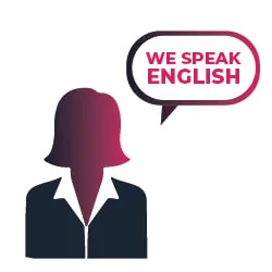 illustration of a business woman and a speech bubble with the text We Speak English