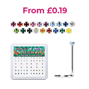 A sterling silver nose stud with blue crystal top, a display case with nose screws and crystals in various colours