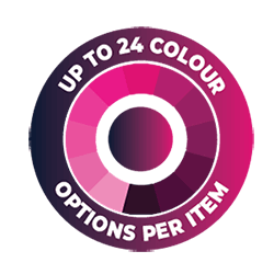 illustration of a circular colour palette showing shades of pink, surrounded by a border with the text up to 24 colour options per item