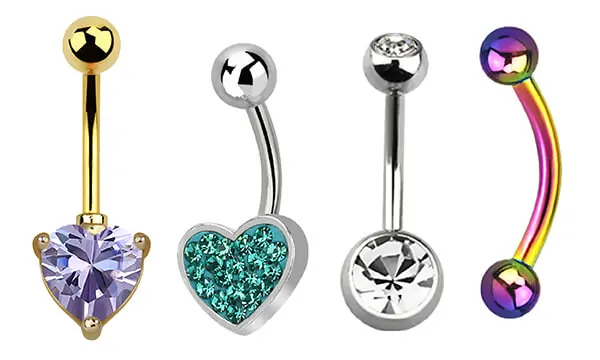 A selection of wholesale belly bars in different materials and designs