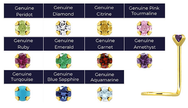 l shaped gold nose stud and eleven prong set gems in different colors