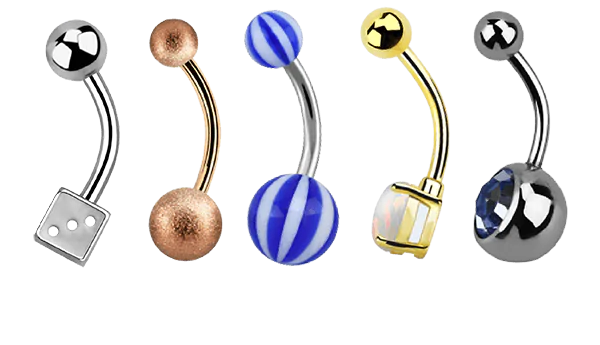 Five different wholesale belly bars in various materials and designs