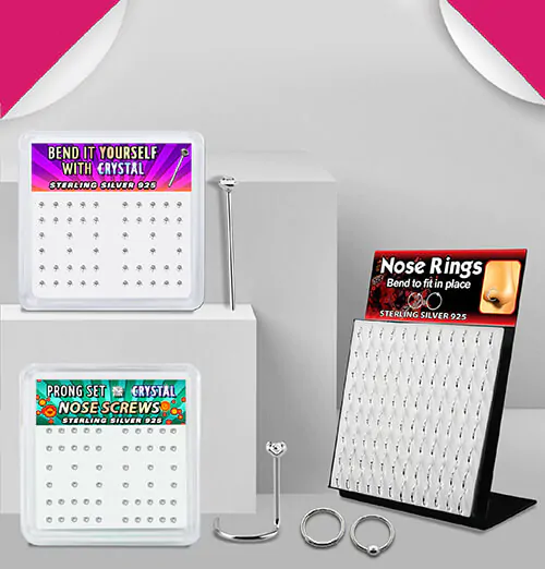 sterling silver nose jewellery on displays