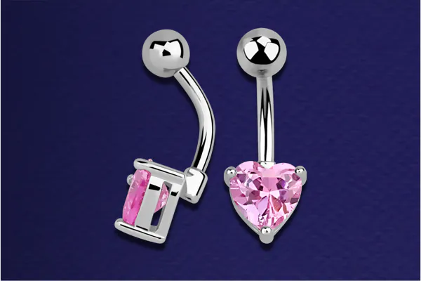 A belly bar with a pink gemstone shown from the front and the side