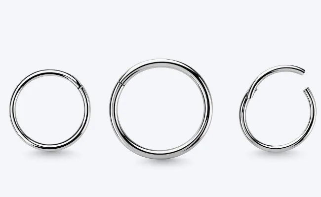 Three surgical steel hinged segment rings in different sizes