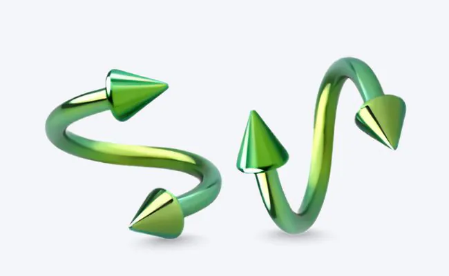 A green twisted barbell made of anodized surgical steel