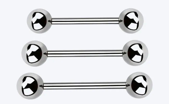 Three pieces of barbell jewellery made of surgical steel in different lengths