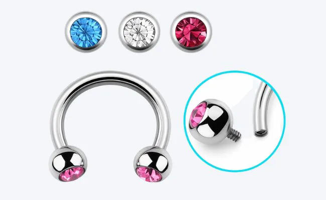 Internally threaded circular barbells with jewel balls in different colors