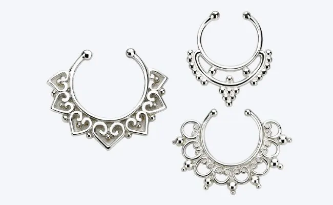 Three pieces of surgical steel fake nose rings in different designs