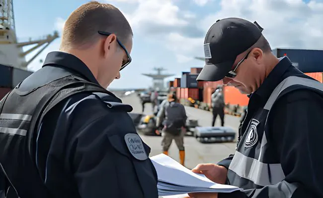 Two custom clearance agents with black uniforms are inspecting documents at a port