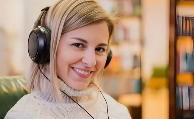 A young woman wearing a collared sweater and a black headset is smiling into the camera