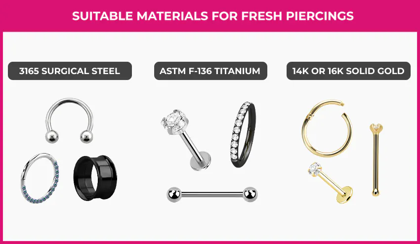 Different types of piercing jewelry grouped according to material
