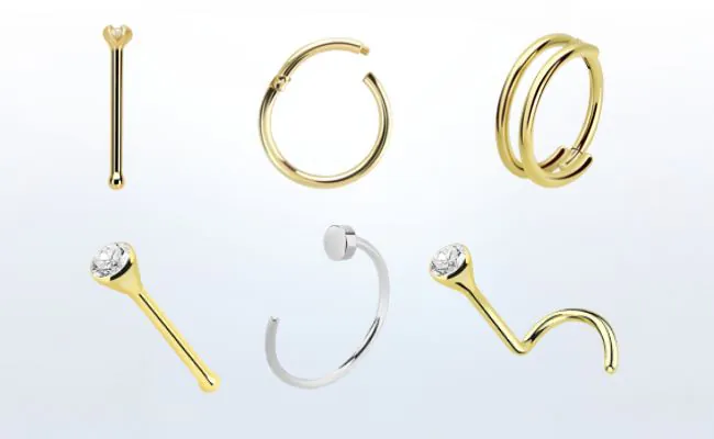 Nine different types of jewellery for nose piercings in various materials and designs