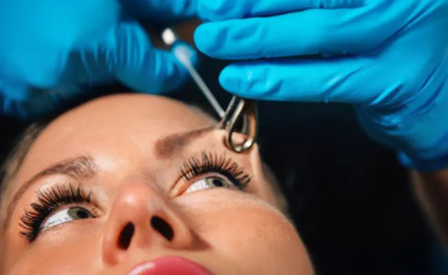 A woman's eyebrow is being held with a piercing clamp and is about to get pierced with a needle