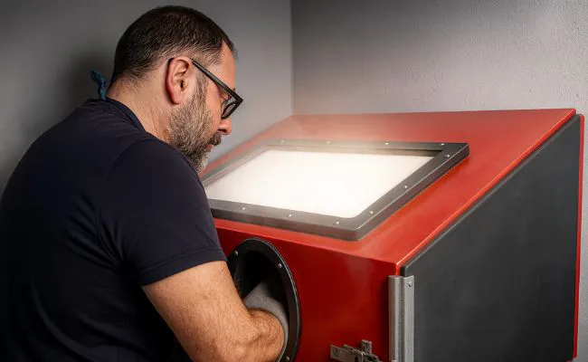 A man with glasses is operating a machine used to create a sanded finish on jewelry