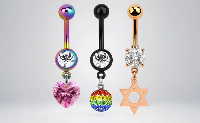 Three pieces PVD coated belly button rings with crystals and dangle attachments