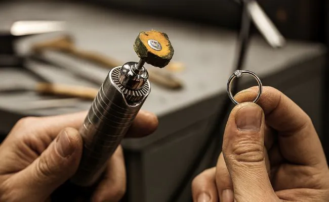 Two hands holding a ring with a stone and a jewellery polishing tool