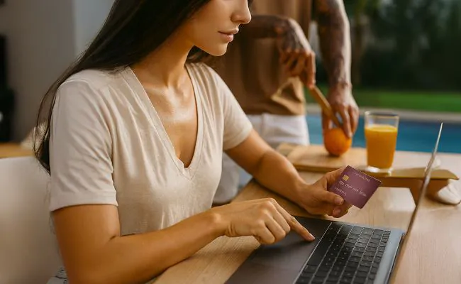 A woman is sitting at a table while looking at a laptop and holding a credit card in her left hand
