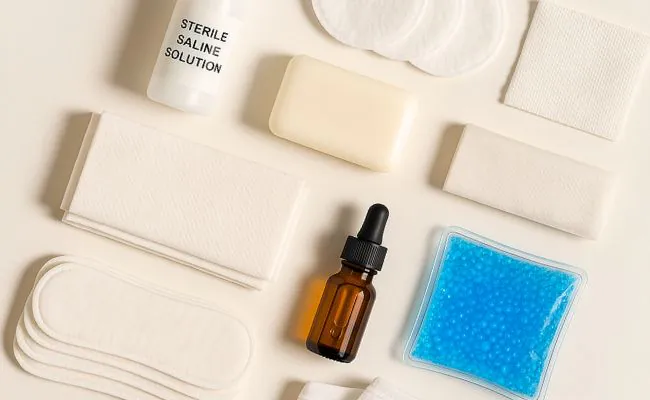 A range of piercing aftercare supplies